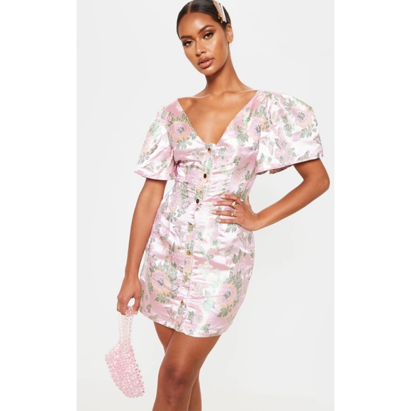 PLT Pink Jacquard Puff Sleeve Button Down Bodycon Dress - Picture 5 of 7